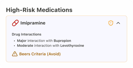 Product preview highlighting high-risk medications with interaction severity and Beers Criteria context.