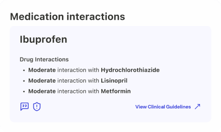 Product preview showing medication interactions for a drug with interaction list and clinical guidelines link.